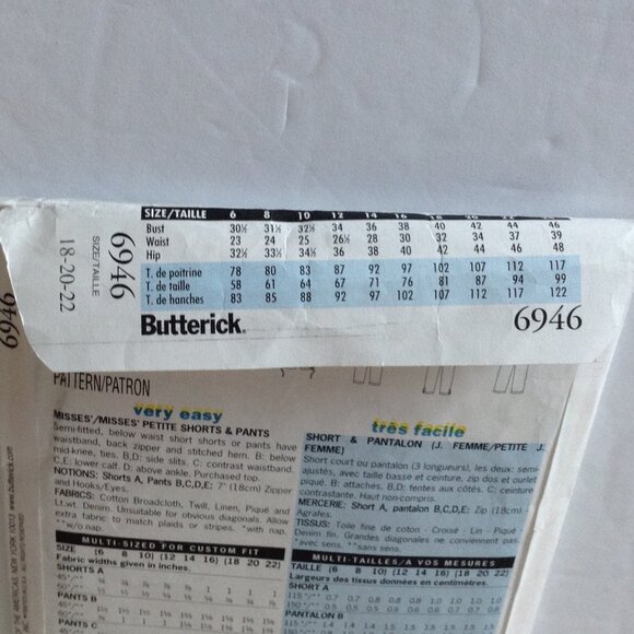 Butterick Fast and Easy Sewing Pattern #6946 Size 18-20-22 Petite Shorts Pants - Picture 4 of 5